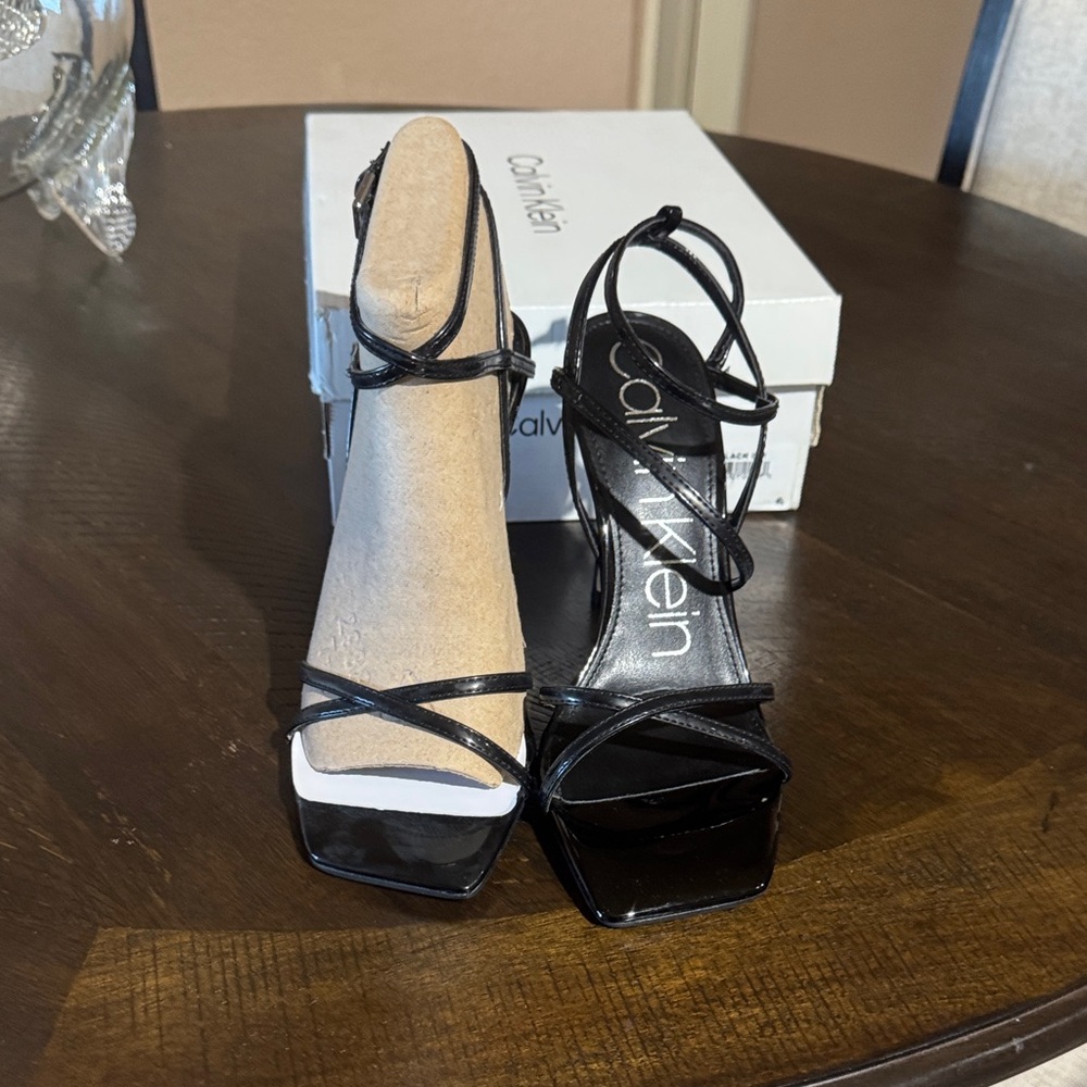 Calvin Klein Black Patent Strappy Square-Toe Heels